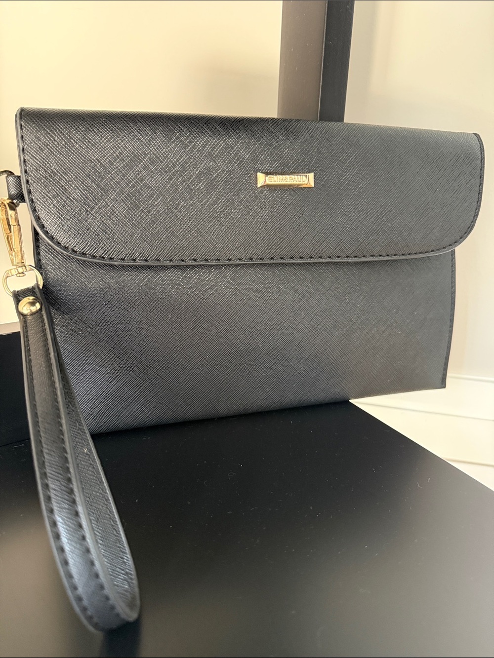 Elim & Paul Black Wristlet Envelope Clutch with Gold Logo Plate